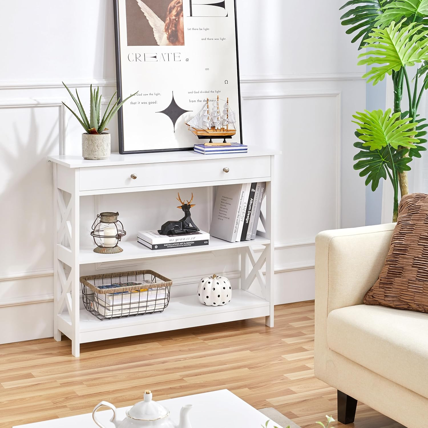 Elegant White Console Table with Drawer & 3-Tier Storage for Entryway/Living Roo
