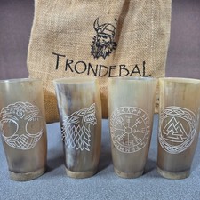 Trondebal Viking Drinking Horn Set Excellent Engraved Norse 4pc