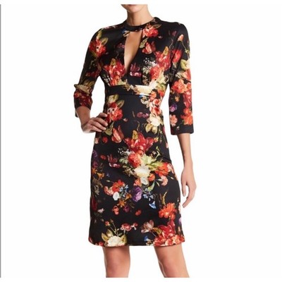 Alexia Admor Small Plunge Sheath Mini Dress Black Red Floral Keyhole 3/4 Sleeves