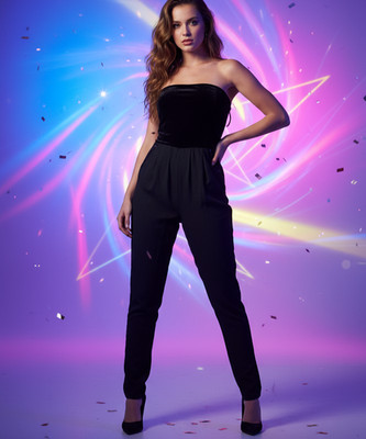 STRADIVARIUS Jumpsuit Black Size S 80's Inspired Velvet Skinny Leg Sequin Pocket