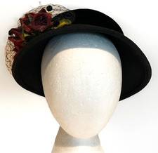 Hopeless Romantic Wool Cloche Hat Black Flower Netting Velvet Band Victorian NEW