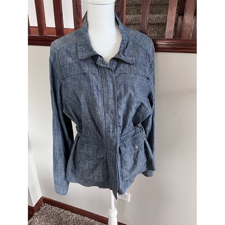 Croft & Barrow Blue Chambray Utility Jacket Full Zip Drawstring Waist Womens L