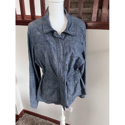 Croft & Barrow Blue Chambray Utility Jacket Full Zip Drawstring Waist Womens L