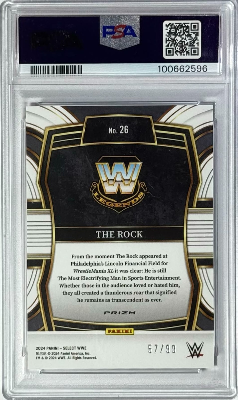 The Rock* 2024 Panini Select WWE - Phenomenon #26 PSA 9 (MINT) Wrestling Card view 2