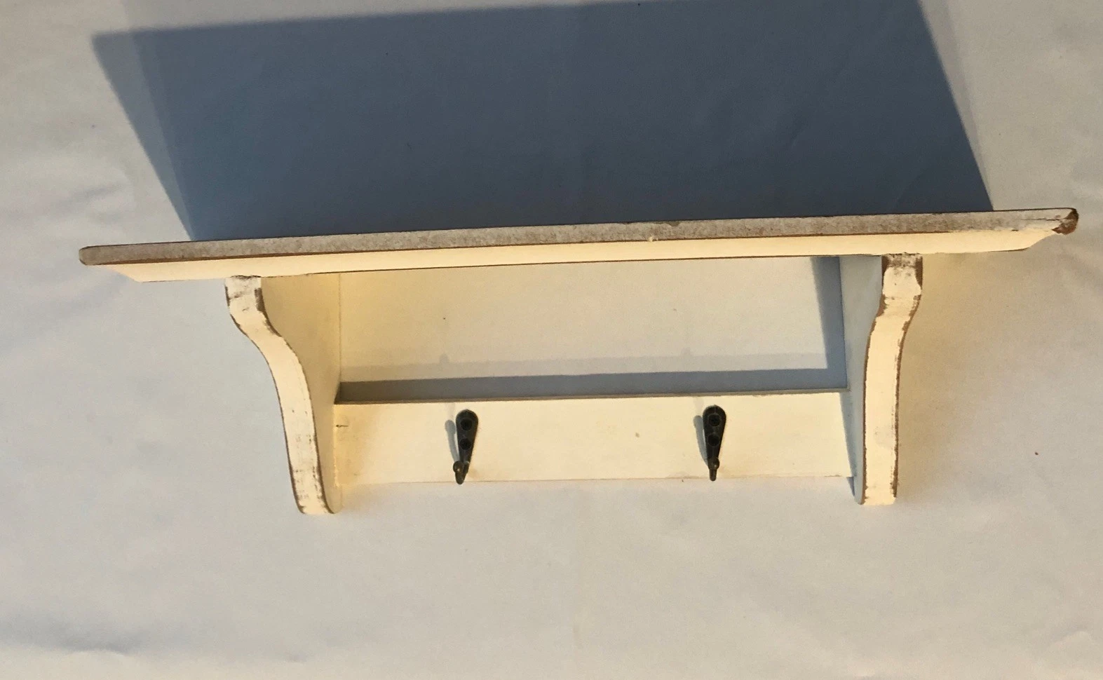 Wooden Wall Shelf 15” Mountable Shelf 2 Hooks Distressed Off White Brown Top