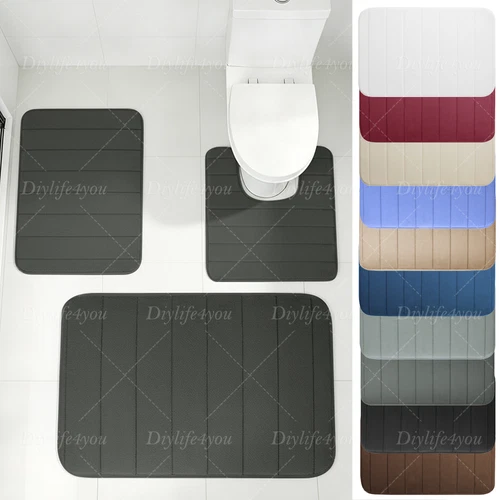 3PCS Memory Foam Bath Mat Ultra Soft Bathroom Toilet Anti Slip Rug Pedestal Set