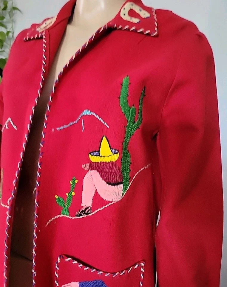VTG 40s 50s Lopez Mexican  Embroidered Wool Jacket S  M Red Sew Project - AS IS  - Image 3 of 4