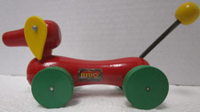 Vtg. 1970s Brio Classic Wooden Toy Dog - red dachshund with brio sticker rare