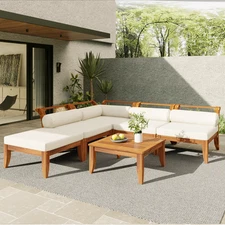 6Piece Patio Sofa Set Acacia Wood Outdoor Modular Sectional Garden Furniture Set