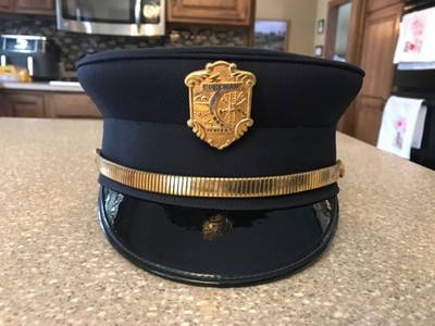 Fire Dept Blue Wool Uniform Cap with Renss. NY FD E4 Foreman Badge Circa 1982