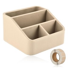 Remote Control Holder, Small Nightstand Organizer with 4 Compartments, PU Beige