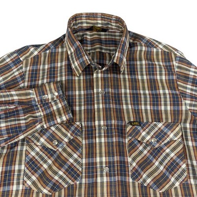 Vintage Lee Mens Plaid Western Pearl Snap Shirt Brown Blue Made in USA Medium