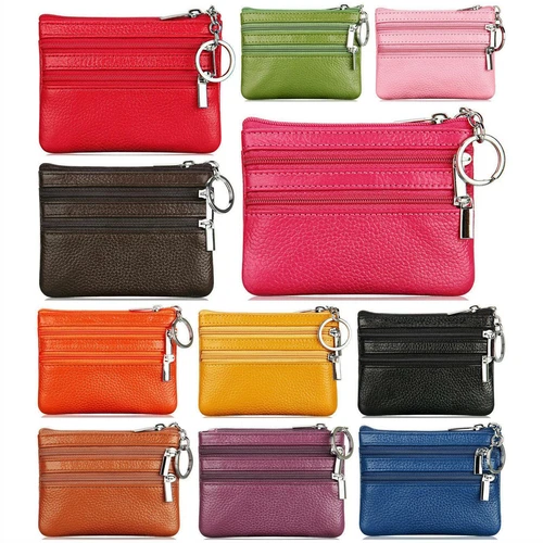 Women's Genuine Leather Zipper Pockets Coin Purse Key Ring Mini Pouch Wallet