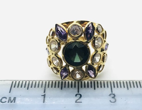 18ct GOLD SUFFRAGETTE RING 750 LADIES PURPLE GREEN WHITE STONE CLUSTER SIZE Q+ - Picture 9 of 12