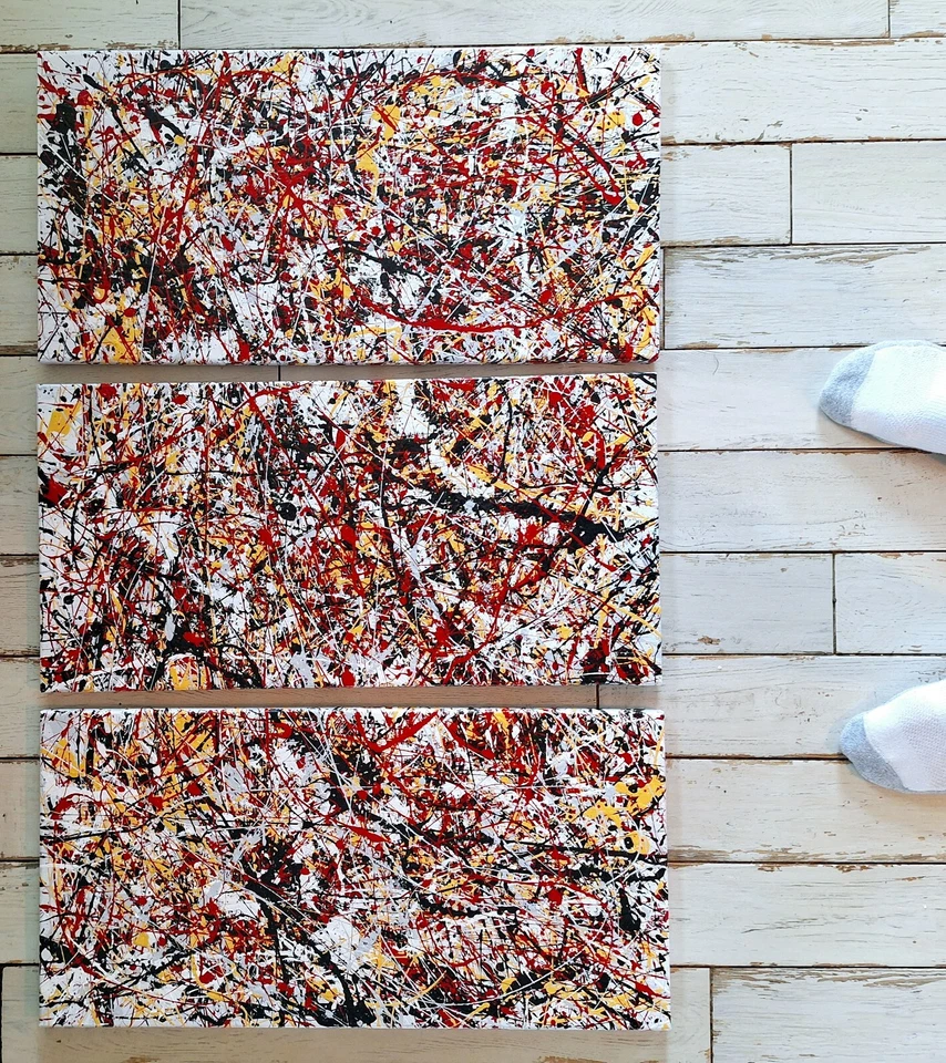 Pintura de acción abstracta original estilo Jackson Pollock conjunto de tres 12x24 Foto 2 de 4