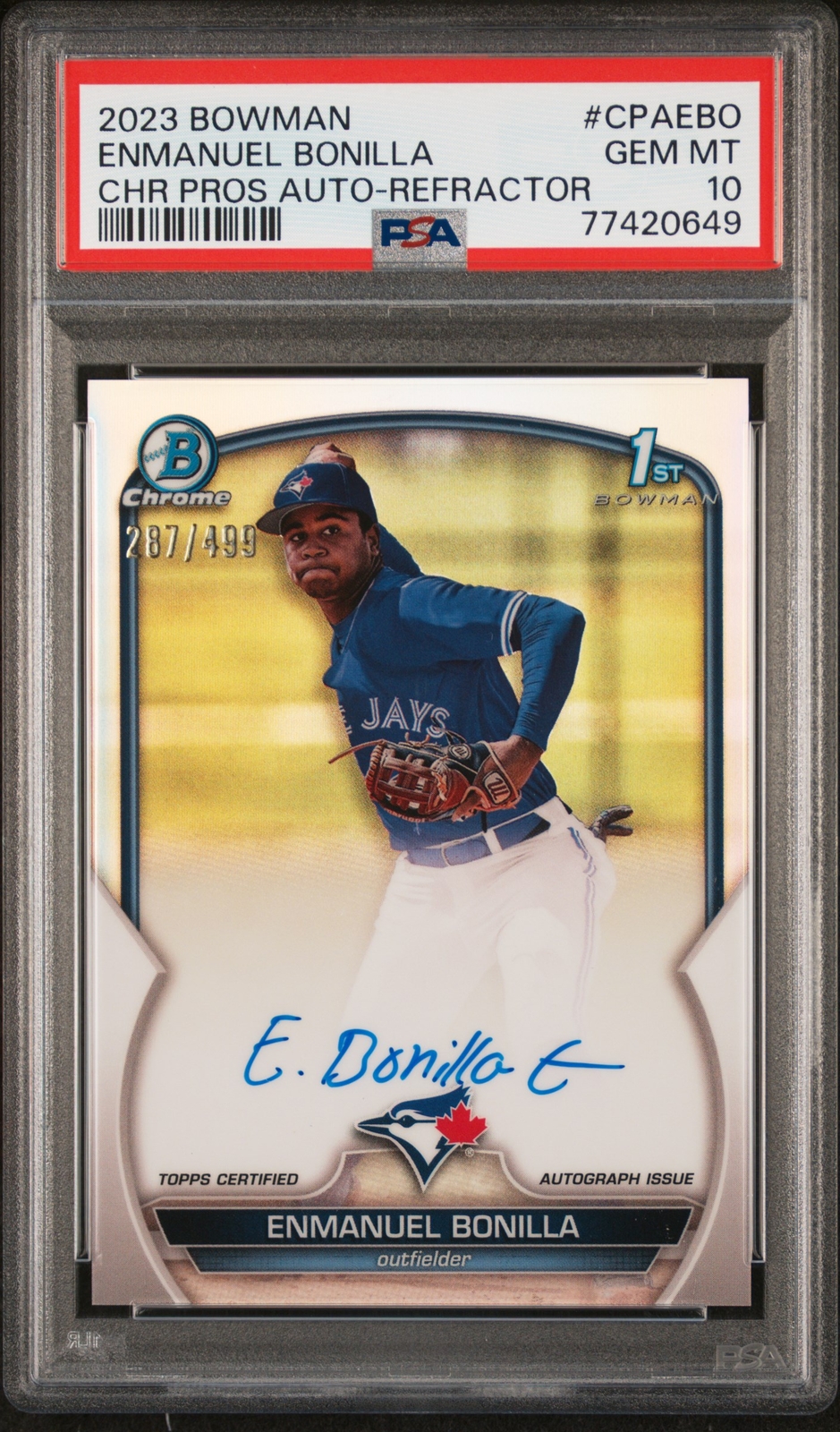 Enmanuel Bonilla 2023 Bowman Chrome Prospect Auto /499 Refractor PSA 10 #CPAEBO