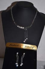 Parure Bijoux Fantaisie - Collier + Boucle d'Oreilles - argenté + strass NEUF 05