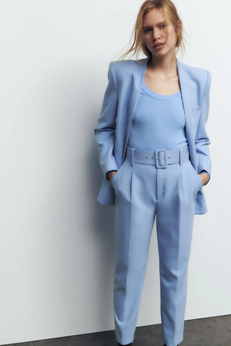 NWT Zara BUSINESS SUIT SET lapelless BLAZER+pants XS,S,M,L BABY POWDER BLUE