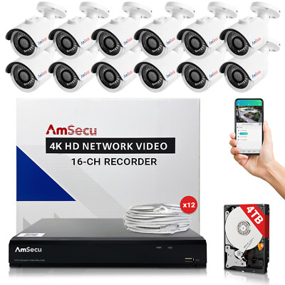 AmSecu 4K Home Security Camera System 16-CH NVR + 12 Bullet PoE Cameras & 4TB HD
