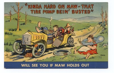 Hillbilly Car Broken Down Off Color  Comic Art Humor Postcard