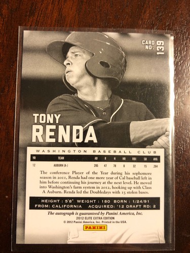 2012 ELITE EXTRA EDITION TONY RENDA RC AUTO AUTOGRAPH NATIONALS /598 - Picture 2 of 2