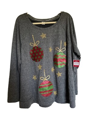 Holiday Time Ugly Christmas Sweater Pullover Crew Neck Sweater Gray  2X Woman