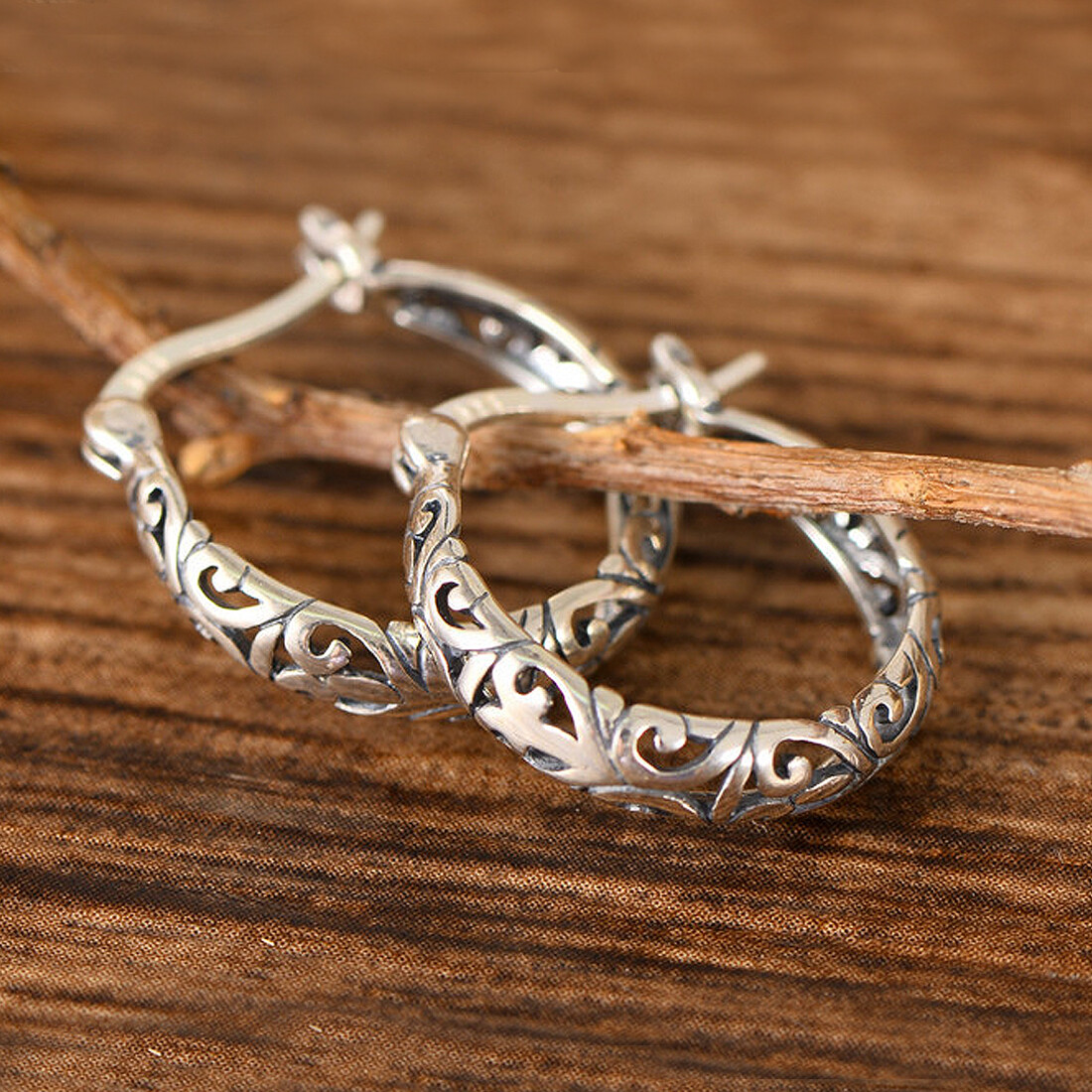 925 Sterling Silver Boho Filigree French Clip Hinged Hoop Earrings