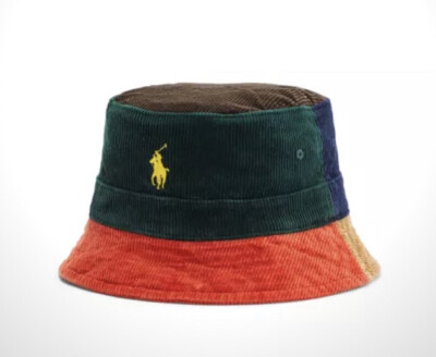 POLO RALPH LAUREN COLORBLOCK CORDUROY BUCKET HAT TAN BLUE ORANGE