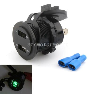 12V 24V Dual USB Car Boat Charger Socket Power Green LED Voltmeter Waterproof