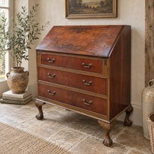 Antique Walnut Bureau Writing Desk Cabriole Claw Ball Feet Fall Front Drawers