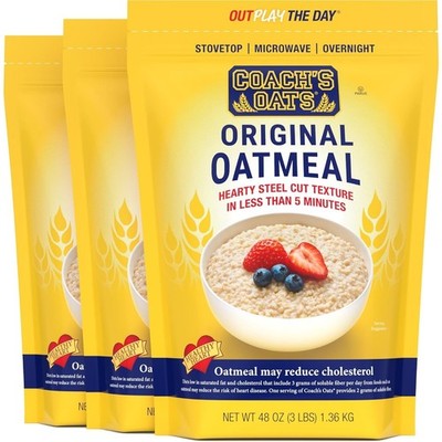COACHS OATS Whole Grain Oatmeal 48oz Quick Cook Steel Cut 3-PACK