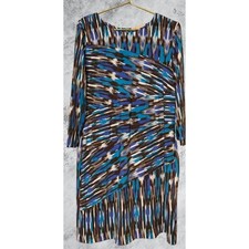 Michael Kors Blue Brown Ikat Print Sheath Dress XL Asymmetric Pleated Stretch