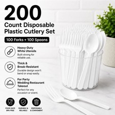 200 Count White Heavy Duty Disposable Plastic Cutlery 100 Forks 100 Spoons For