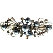 VINTAGE HAIR BARRETTE GREY FAUX PEARLS BLACK RHINESTONE MISSING CLASP 4"