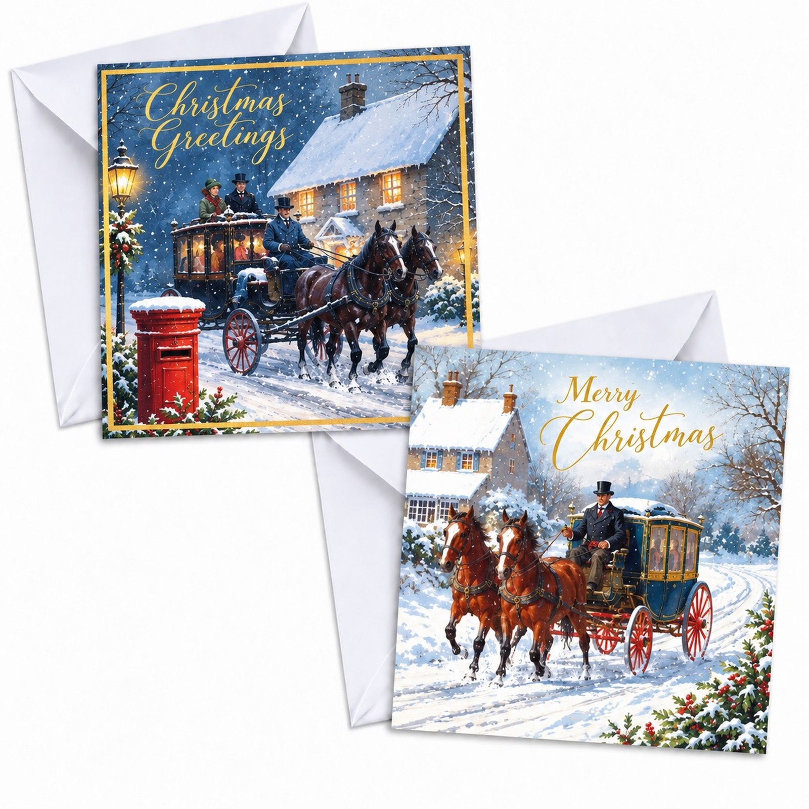 24 Christmas Cards With Envelopes Traditional Coach & Horses 2 Designs 14cm