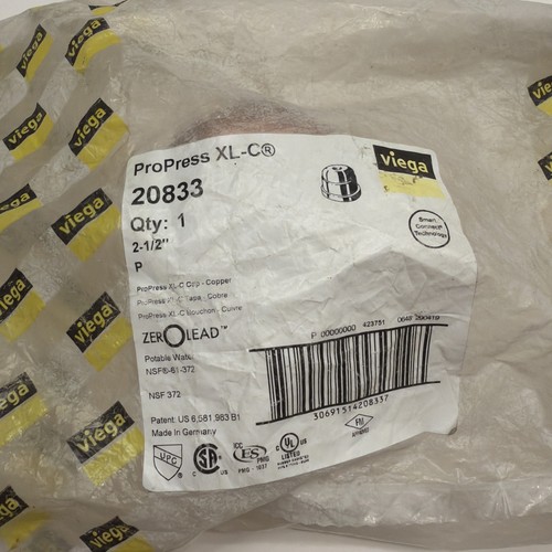 2-1/2โ 20833 Viega ProPress Cap Copper Tube Pipe P X Cap Fitting Model 0956XL