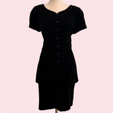 Vintage Maggy London Black Velvet Button-Front Midi Dress Size 14
