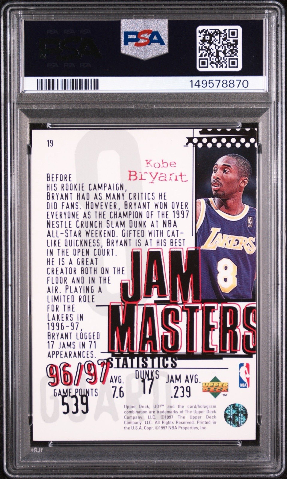 1997 UD3 Upper Deck Kobe Bryant Jam Masters #19 NBA Basketball Lakers PSA 9 Mint view 2