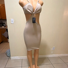 Beige Solid Knit V-Neck Cutout Backless Bodycon Knee Dress Strappy Size S