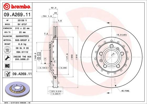 COPPIA DISCHI FRENO BREMBO 09A26911  per AUDI A8 D2 (4D2, 4D8), A8 D3 (4E2, 4E8)