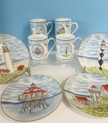 VTG 8 Pce Royal Norfolk Lighthouse Salad Plates Beach House Vibe W/Matching Cups