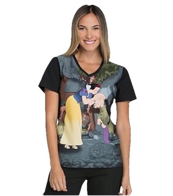 Disney Cherokee Tooniforms Snow White & Dopey V-Neck Scrub Top Women s Size L