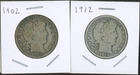 Lot of (2) Coins - 90% Silver Barber Half Dollars - 1902 & 1912