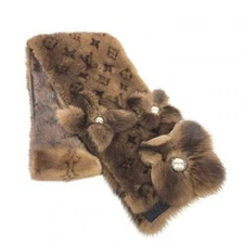 Louis Vuitton Classic Monogram Brown Mink Fur Flower Scarf Stole M74259