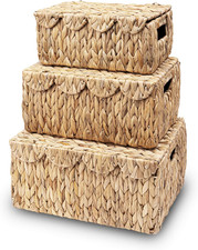 Set of 3 Rectangle Scalloped Edge Wicker Storage Basket with Lid