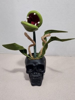 Venus Flytrap in Black Skull Planter Ghoulish Decore Abt 8.5  Little Shop