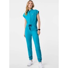 Figs Rafaela Cargo Scrub jumpsuit Teal Womens S Technical Collection Zip Front