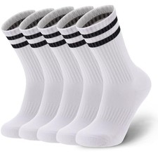 5 Pairs Striped Crew Socks Cotton Cushioned Athletic Sports Large White
