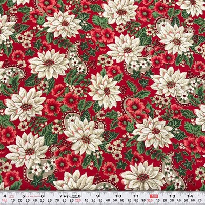 Vintage Cranston Metallic Winter Floral & Paisley Red Cotton by the HALF YARD