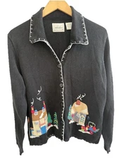 Vintage 90s In Stitches Eagle's Eye Black Christmas Cardigan Sweater Size XL